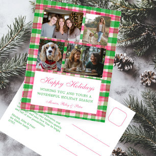 Chic Preppy Plaid Christmas Custom 4 Photo Collage Holiday Postcard