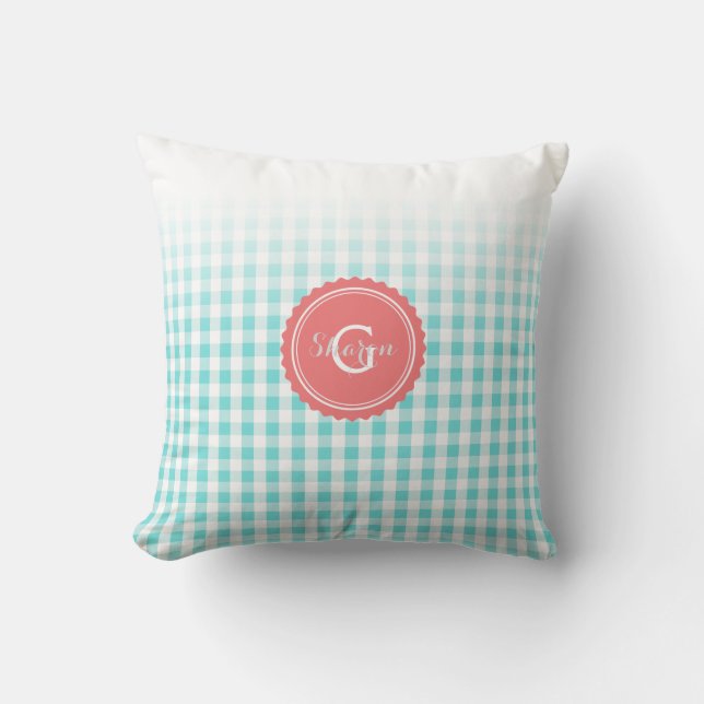 chic preppy turquoise gingham pattern monogram cushion (Front)