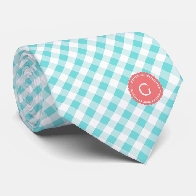 chic preppy turquoise gingham pattern monogram tie (Rolled)