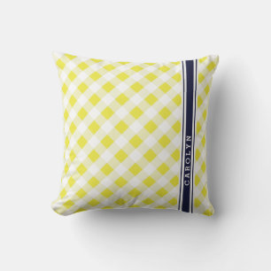 chic preppy yellow navy gingham pattern monogram cushion