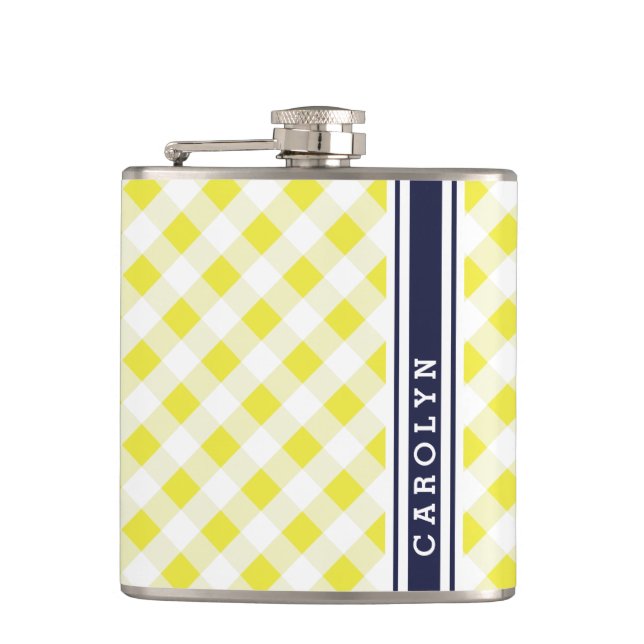 chic preppy yellow navy gingham pattern monogram hip flask (Front)