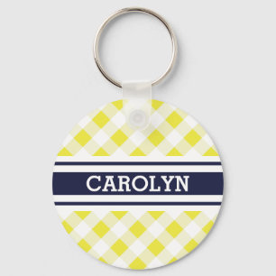 chic preppy yellow navy gingham pattern monogram key ring