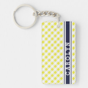 chic preppy yellow navy gingham pattern monogram key ring