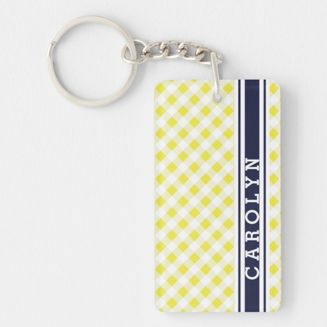 chic preppy yellow navy gingham pattern monogram key ring (Front)