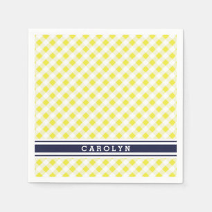 chic preppy yellow navy gingham pattern monogram napkin