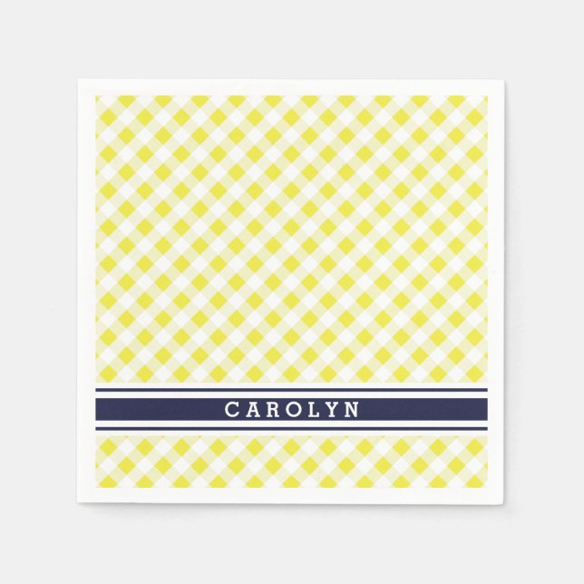 chic preppy yellow navy gingham pattern monogram napkin (Front)