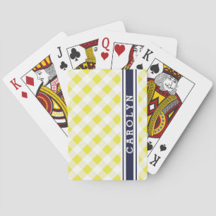 chic preppy yellow navy gingham pattern monogram playing cards