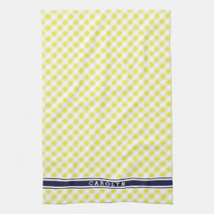 chic preppy yellow navy gingham pattern monogram tea towel