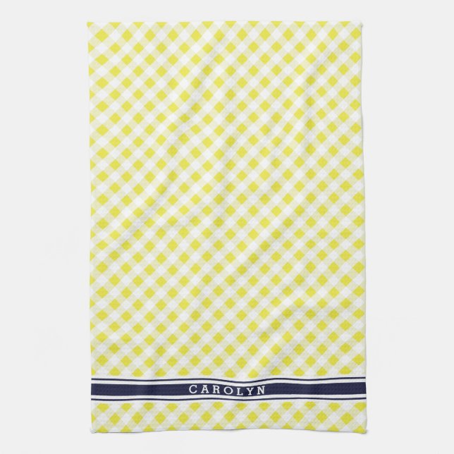 chic preppy yellow navy gingham pattern monogram tea towel (Vertical)