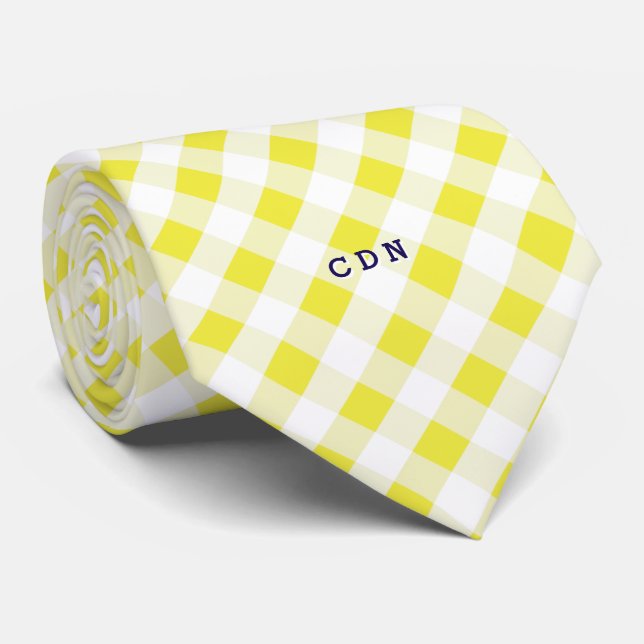 chic preppy yellow navy gingham pattern monogram tie (Rolled)