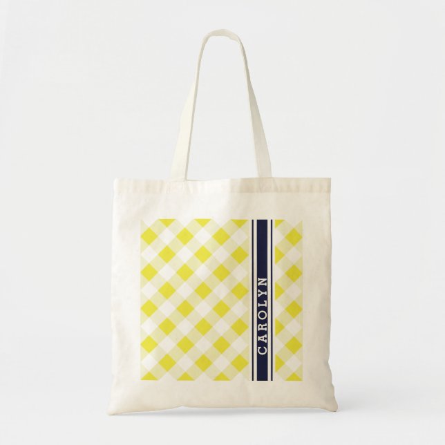 chic preppy yellow navy gingham pattern monogram tote bag (Front)
