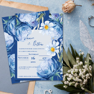 Chic Pretty Blue Flowers Trendy Floral Wedding Invitation