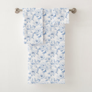 Chic Pretty Blue White Flowers Bath Towel Set