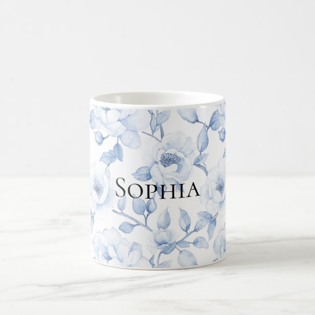Chic Pretty Blue White Flowers Coffee Mug (Center)