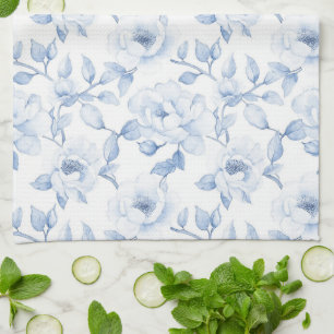 Chic Pretty Blue White Flowers Tea Towel