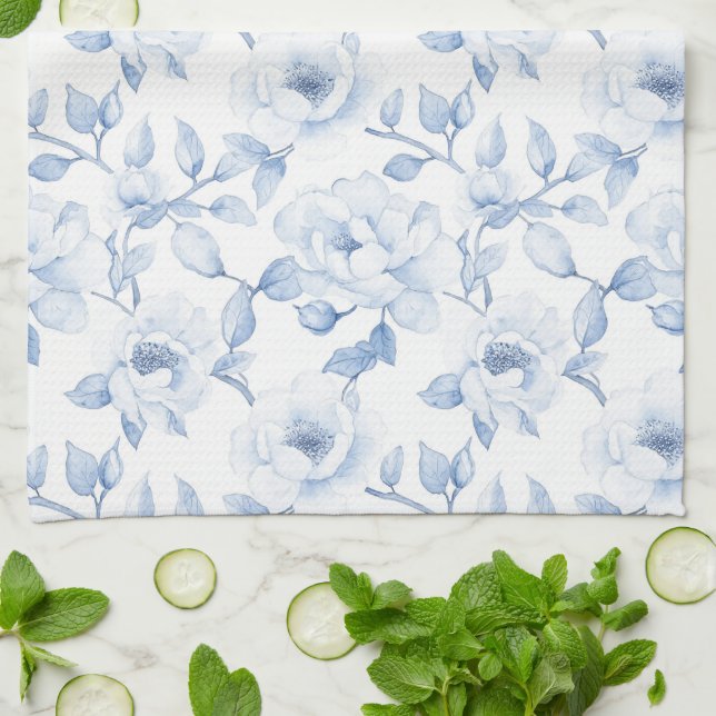 Chic Pretty Blue White Flowers Tea Towel (Folded)