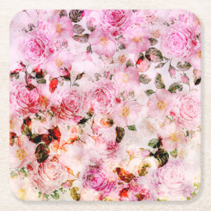 Chic Pretty Blush Pink Watercolor Roses Floral Square Paper Coaster