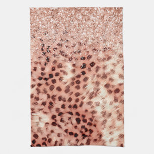Chic Pretty Girly Rose Gold Leopard Glitter Love Tea Towel