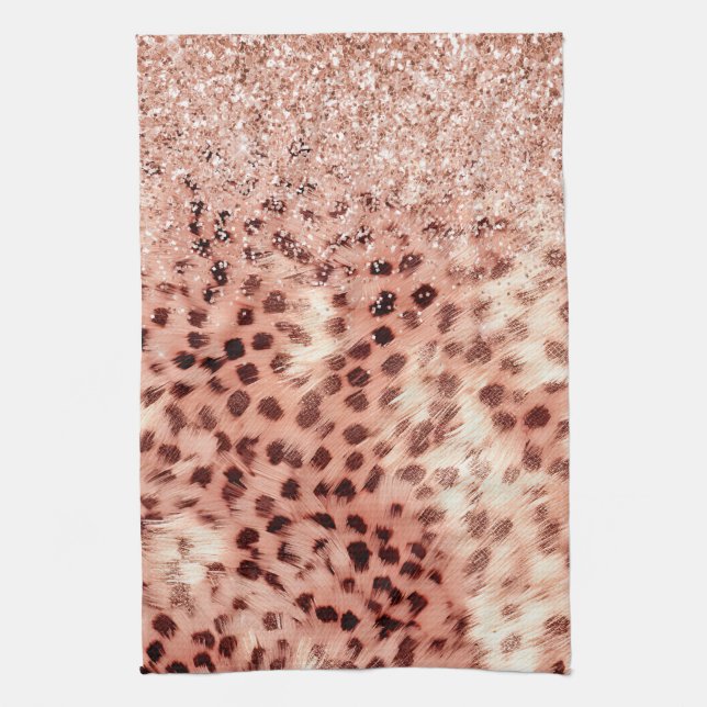 Chic Pretty Girly Rose Gold Leopard Glitter Love Tea Towel (Vertical)