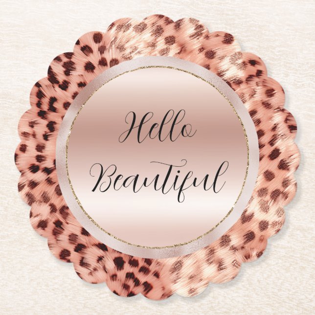 Chic Pretty Girly Rose Gold Leopard  Paper Coaster (Front)