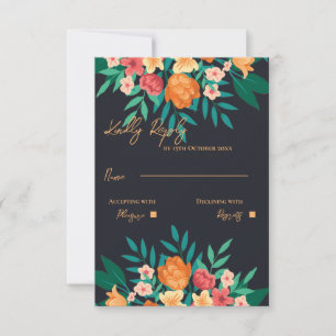Chic Pretty Yellow Orange Florals Wedding RSVP Card