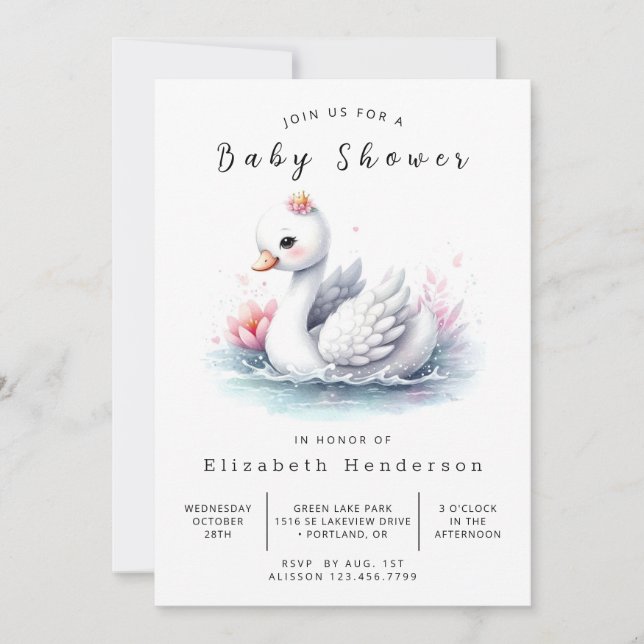 Chic Printable Swan Baby Shower Invitation (Front)