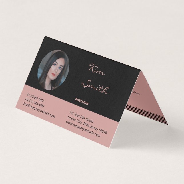 Chic Professional Black Pink Folded Business Card (Front)