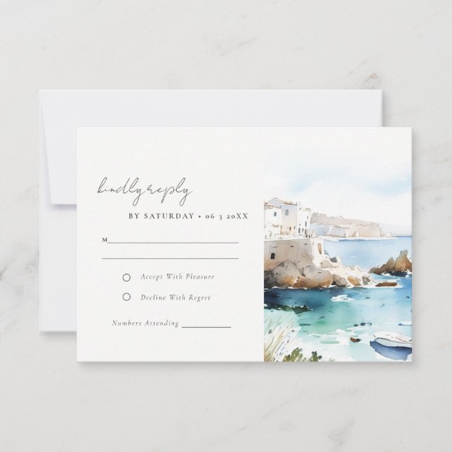 Chic Puglia Italy Watercolor Landscape Wedding RSVP Card (Front)