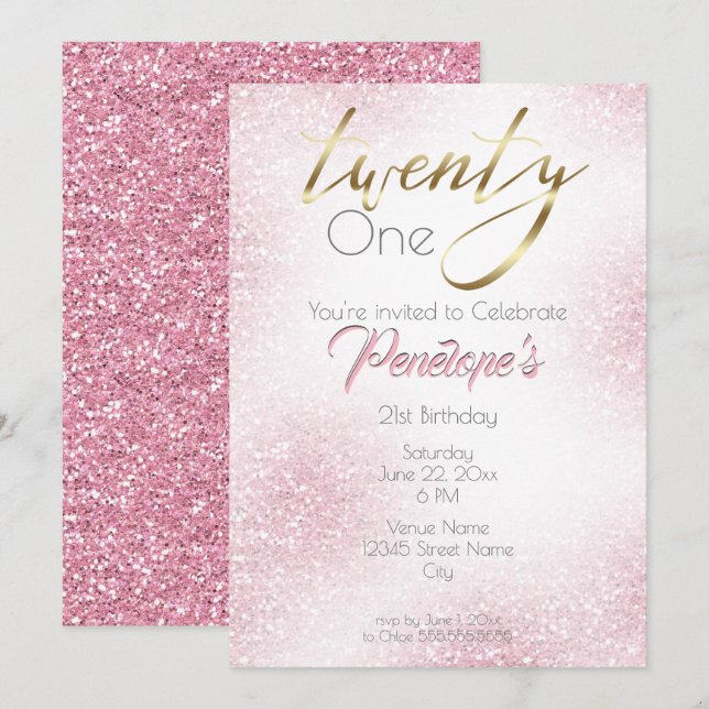 Chic Pure Pink Glitter and Gold 21st Invitation (Front/Back)
