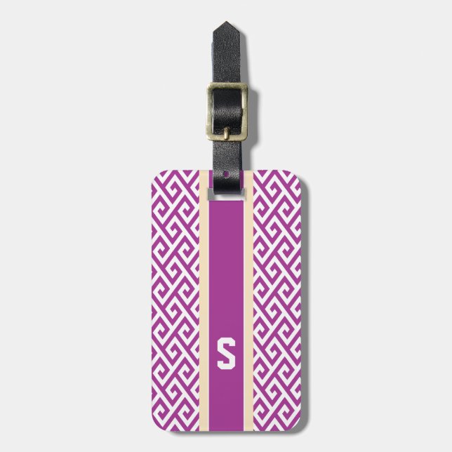 Chic purple abstract geometric pattern monogram luggage tag (Front Vertical)