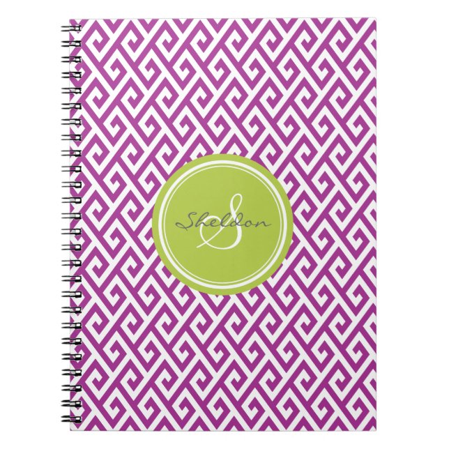 Chic purple abstract geometric pattern monogram notebook (Front)