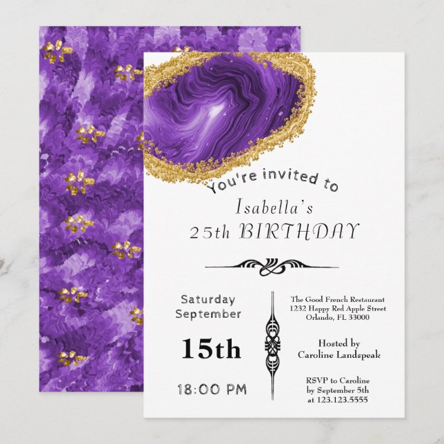 Chic Purple Agate Gold Gilded for Birthday Invitation (Front/Back)