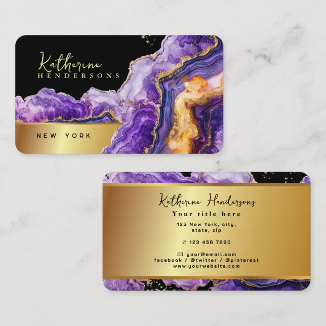 Chic Purple Agate gold glitter marble Professional Business Card (Front/Back)