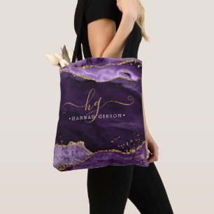 Chic Purple Agate Monogram Gold Glitter Tote Bag