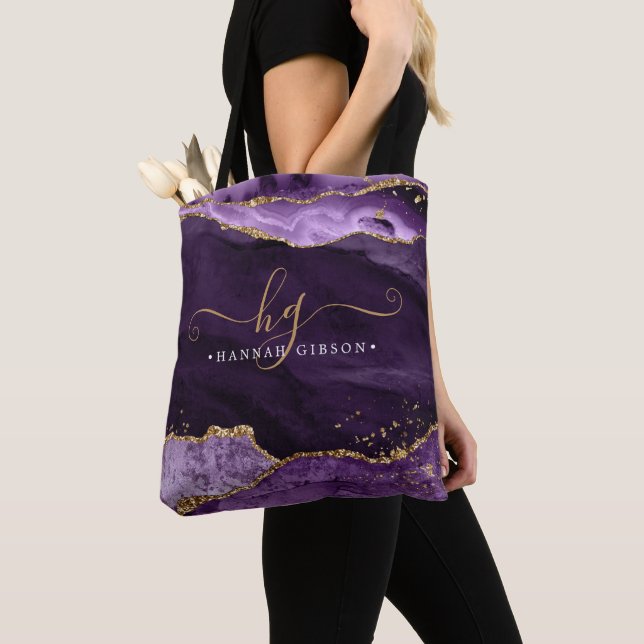 Chic Purple Agate Monogram Gold Glitter Tote Bag (Close Up)