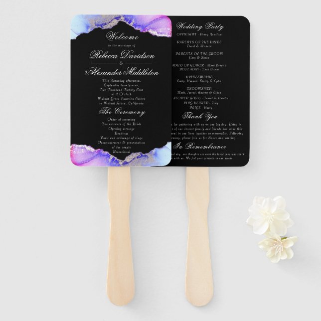 Chic Purple Amethyst Black Wedding Program Hand Fan (Front and Back)