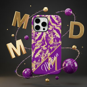Chic Purple Amethyst & Gold Marble Custom Monogram iPhone 16 Pro Max Case