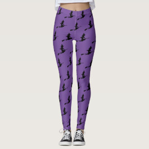 Chic Purple and Black Flying Witch on Broom Leggings