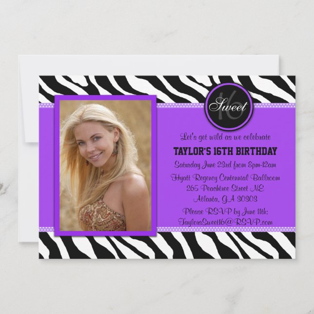 Chic Purple and Black Zebra Print Photo Invite (Front)