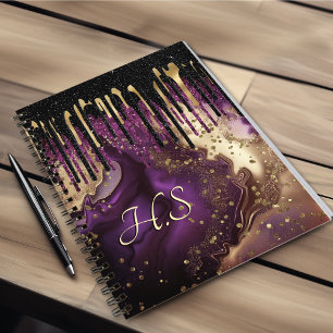 Chic purple and gold agate glitter drips monogram notebook