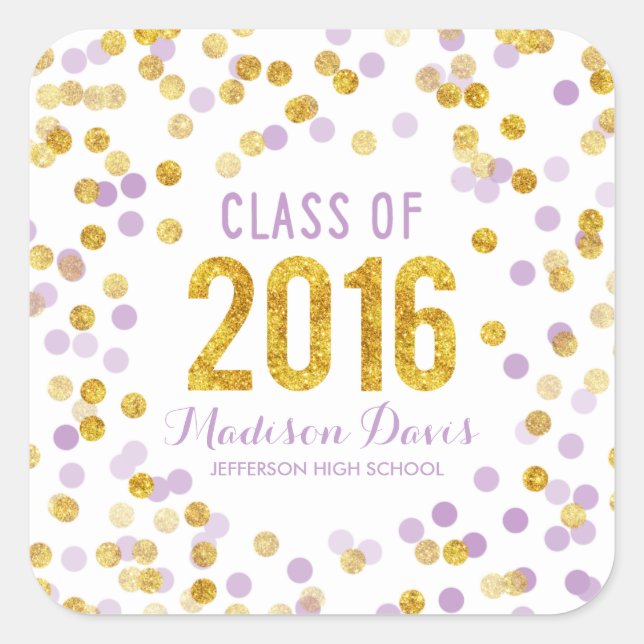 Chic Purple and Gold Glitter Graduation Square Sticker (Front)