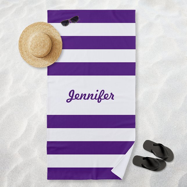 Chic Purple and White Stripes Personalised Beach Towel (Chic Purple and White Stripes Personalized Beach Towel)