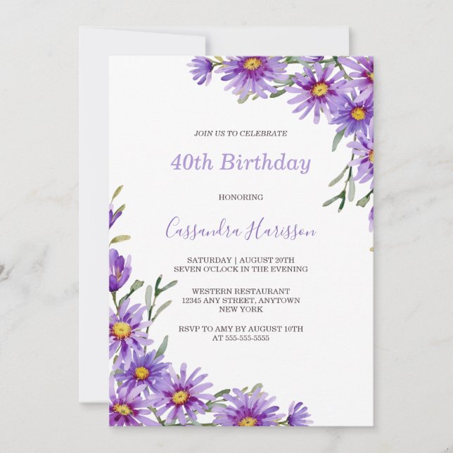 Chic Purple Aster Floral Botanical Birthday Invitation (Front)