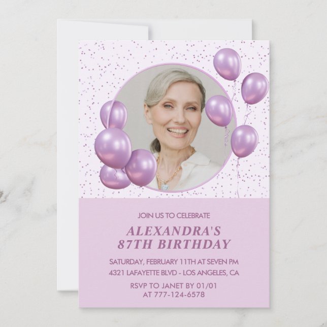 Chic Purple Balloons Photo 87th birthday Invitation (Front)
