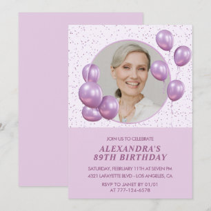 Chic Purple Balloons Photo 89th birthday Invitatio Invitation