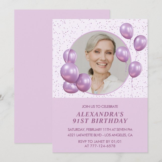 Chic Purple Balloons Photo 91st birthday Invitatio Invitation (Front/Back)