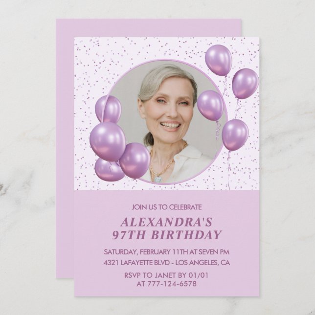 Chic Purple Balloons Photo 97th birthday Invitation (Front/Back)
