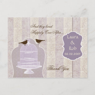 Chic purple bird cage, love birds Thank You Postcard