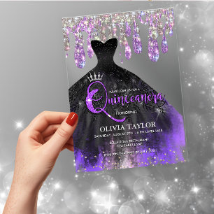 Chic purple black crystal drips Quinceanera  Acrylic Invitations