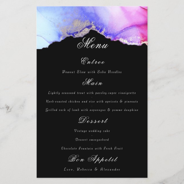 Chic Purple Black Wedding Menu (Front)